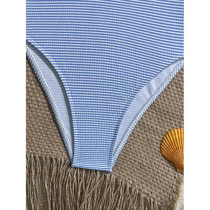 Vintage bleu ciel rayé une pièce maillot de bain 2026 femmes licou col en V mince ventre contrôle maillots