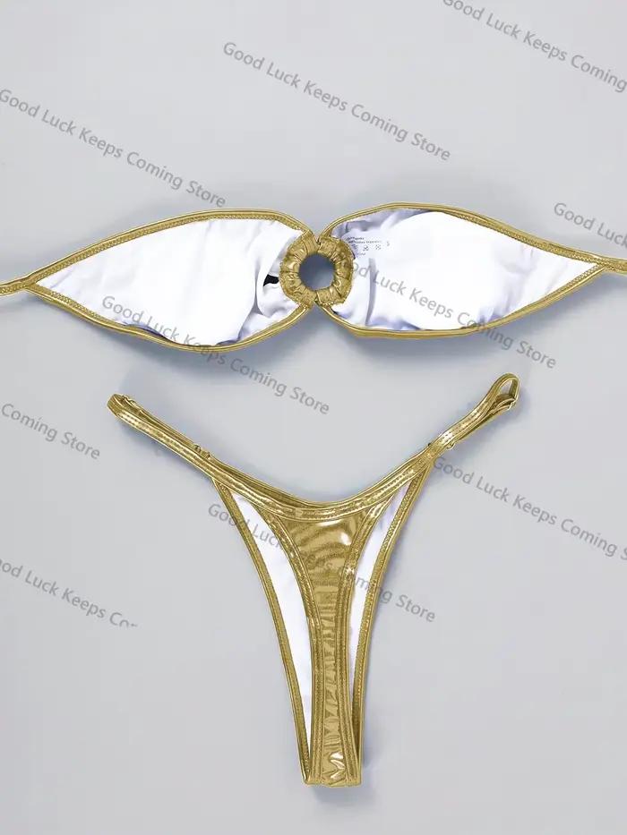 Sexy Bandeau Bikini 2025 femmes or noir anneau en métal lié évider Push Up Micro maillot de bain brillant