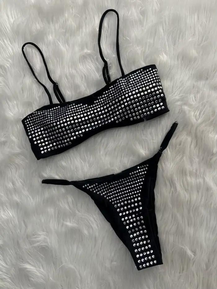 Luxe noir Bikini 2026 femmes Sexy diamant strass Push Up Mini maillot de bain brésilien plage