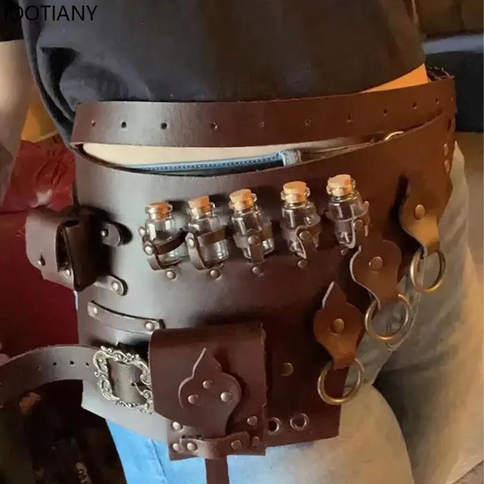 Accessoires de Cosplay de magicien de carnaval, sac de ceinture utilitaire en cuir d'alchimiste médiéval, sacs de flacons de bouteille de Potion magique Steampunk