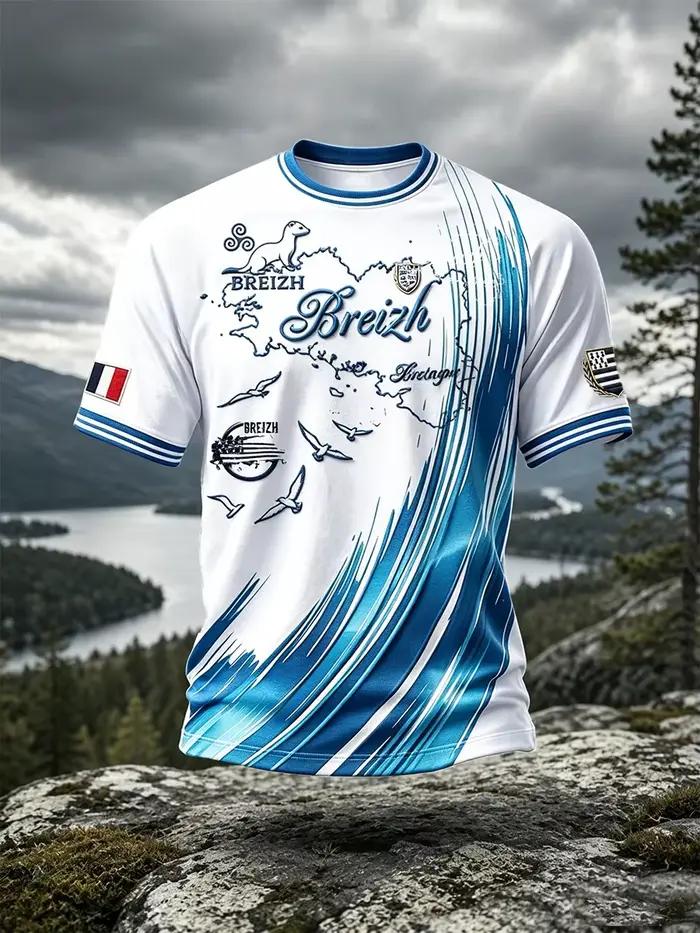 T-shirt à motif breton de France - Bleu Aigle Marin - Imprimé Rayures Dynamiques - T-shirt à manches courtes imperméable et à séchage rapide