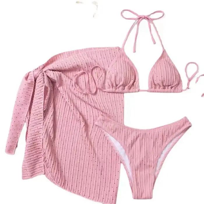 2025 été licou Bikini 3 pièces femmes matériel spécial Sexy string maillots de bain avec jupe Sarong