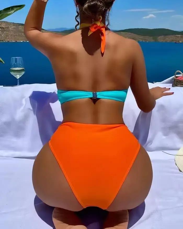 Maillot de bain une pièce sexy rose contrastant 2026 pour femme, style halter croisé avec armatures et découpes, idéal pour la plage et les vacances, coupe ajustée, maillot de bain bikini