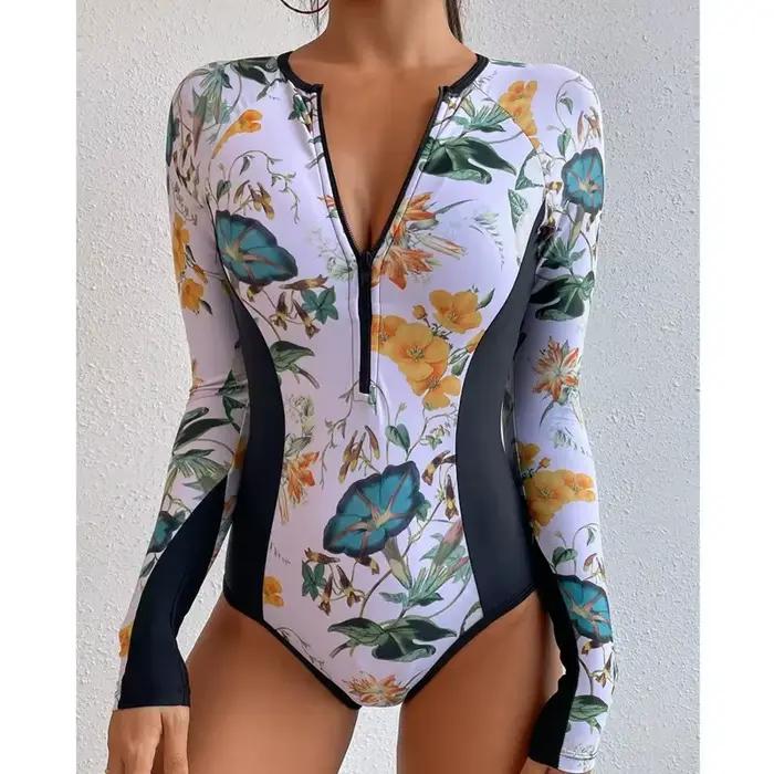 Été impression fermeture éclair une pièce maillot de bain fermé à manches longues maillots