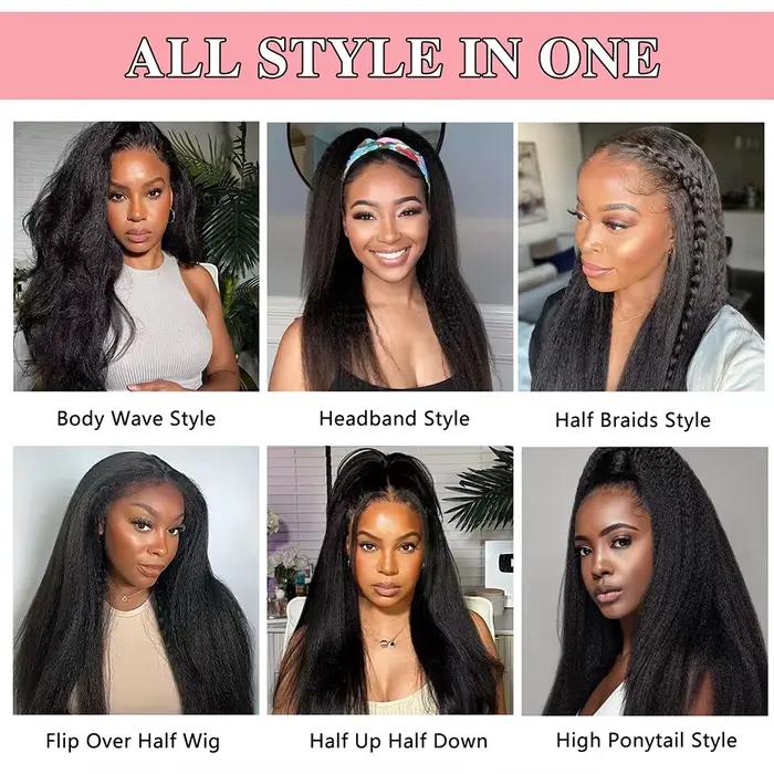Demi-perruque droite crépue cheveux humains sans colle perruque cheveux humains prêt à porter 3 en 1 demi-perruque cordon Yaki perruque droite sans colle
