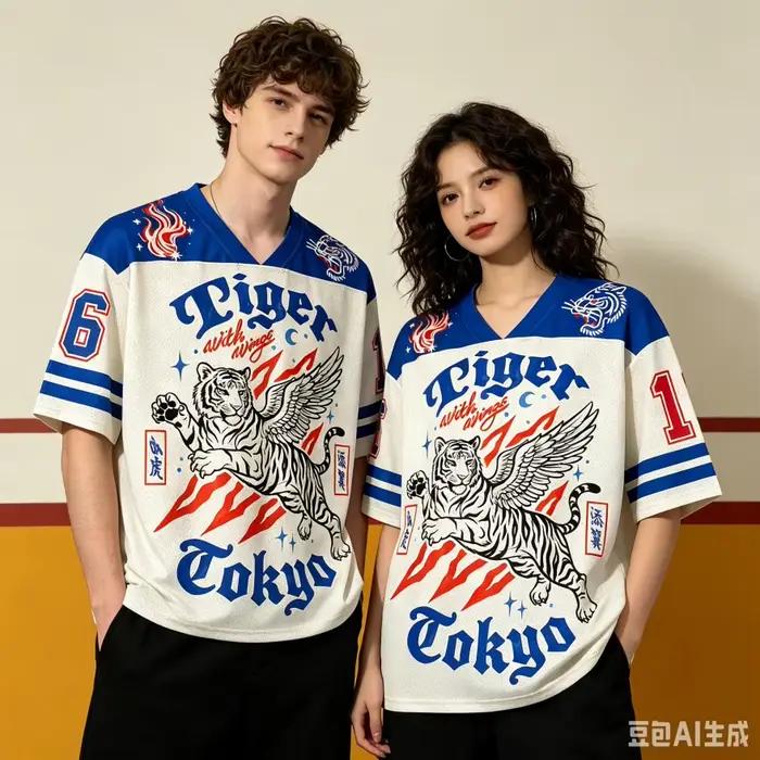 T-shirt unisexe à col en V imprimé en 3D style japonais rétro avec tigre à ailes, décontracté, tendance Y2K, respirant et à séchage rapide
