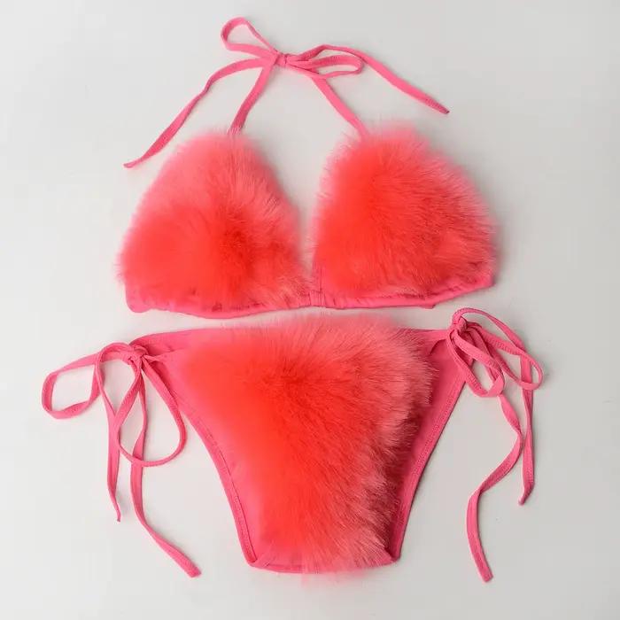 2024 Sexy femmes maillot de bain femme solide noir Micro fourrure Bikini ensemble Push Up maillots