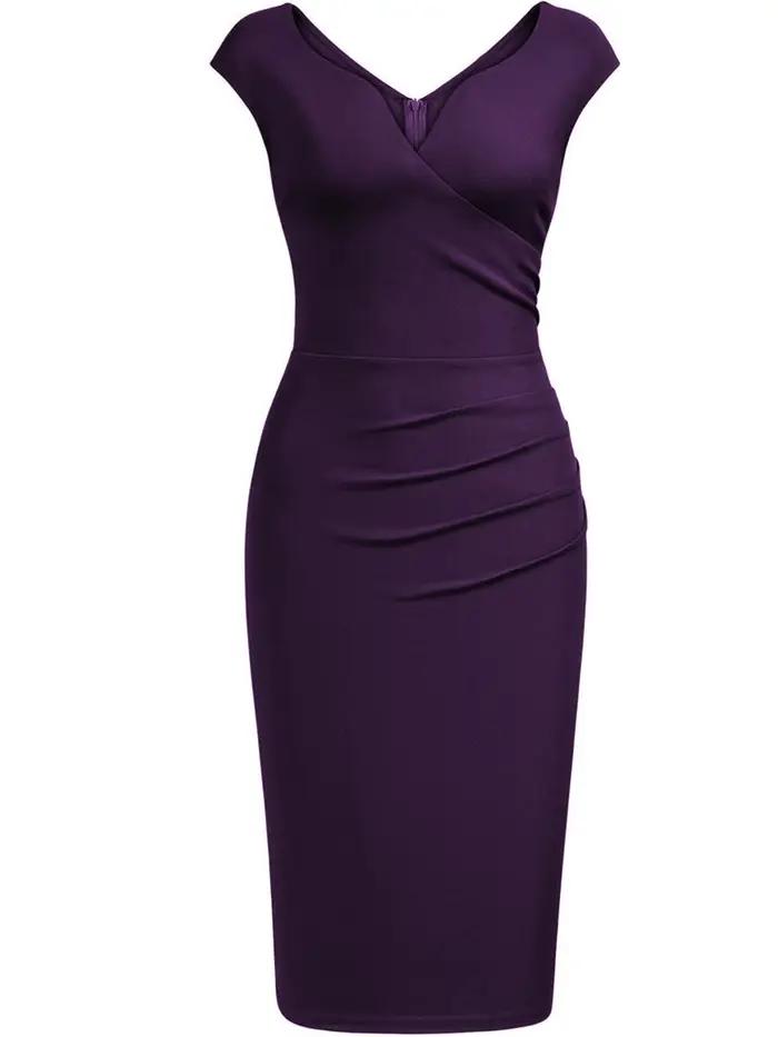 Robe fourreau élégante pour femme, à manches courtes, col en V, froncée, longueur genou, pour cocktail, soirée ou tenue habillée