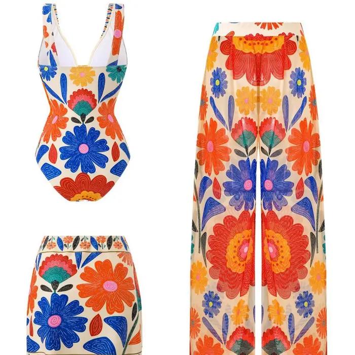 Nouvel ensemble de maillots de bain bohèmes imprimés pour femmes 2026 – Maillot de bain tendance avec short et pantalon long, maillot de bain une pièce très élastique