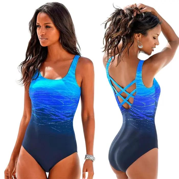 Maillot de bain une pièce dos nu imprimé dégradé pour femmes, sexy, ajustement parfait, tricoté, polyamide et élasthanne, pour nager, plage et occasions spéciales