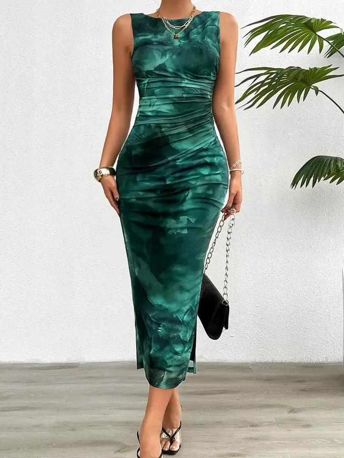 Robe moulante sans manches pour femmes, nouvelle mode imprimée, col rond, amincissante, avec fond fendu, printemps été 2024