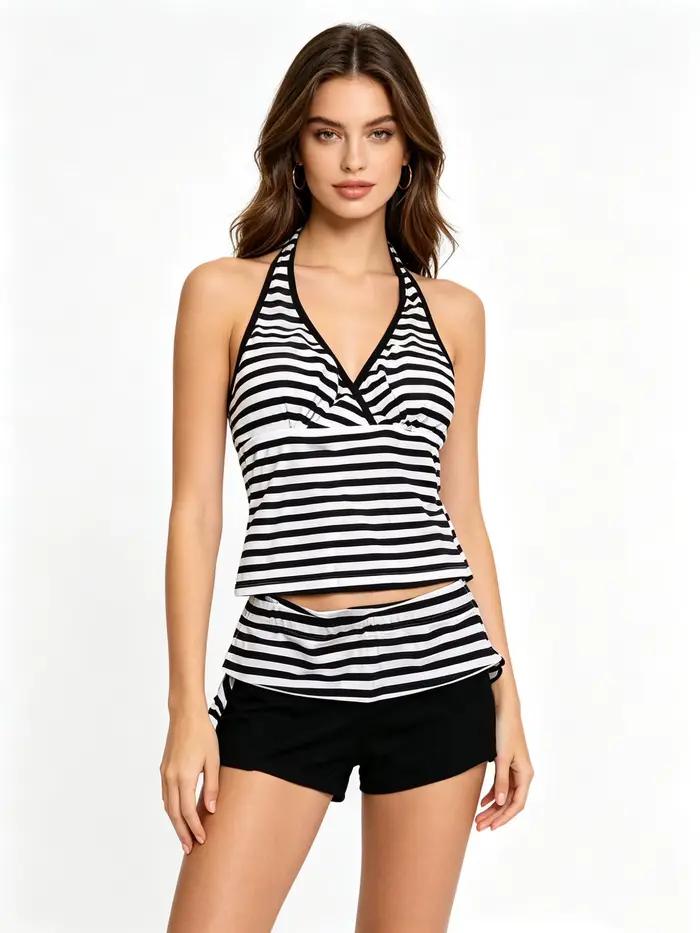 Maillot de bain tankini rayé pour femme ensemble 2 pièces col en V avec bas de maillot de bain shorty été 2026 ajustement mince style y2k