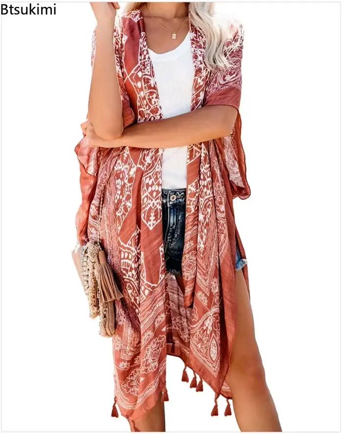 Bikini Cache-Maillot Boho Imprimé Franges Long Kimono Femmes Grande Taille Vetements Plage Maillot Bain Couvrir Occasions Plage Piscine Fete Club Casual