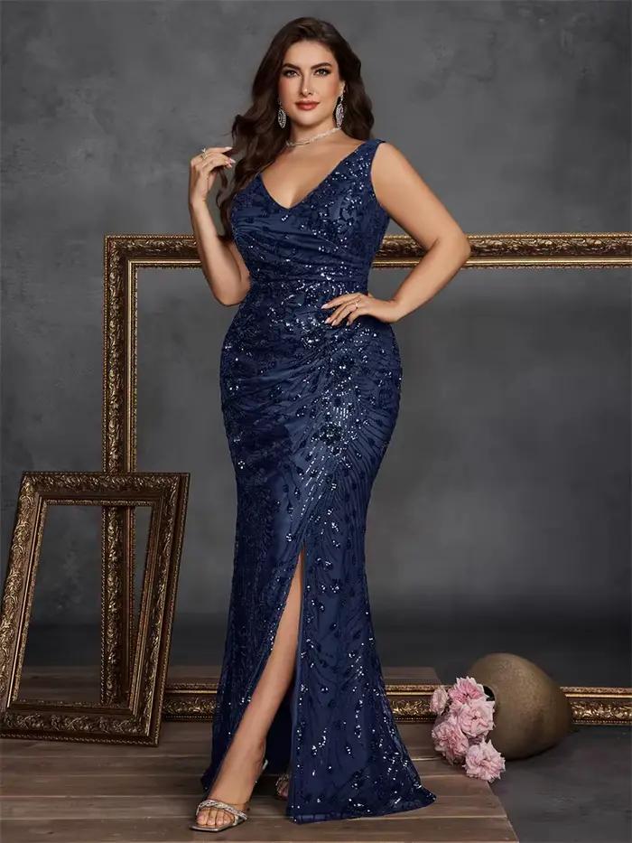 Grande taille élégante fente robe de soirée 2025 femmes longue sirène formelle paillettes col en v Caicktail fête de mariage robe de remise des diplômes