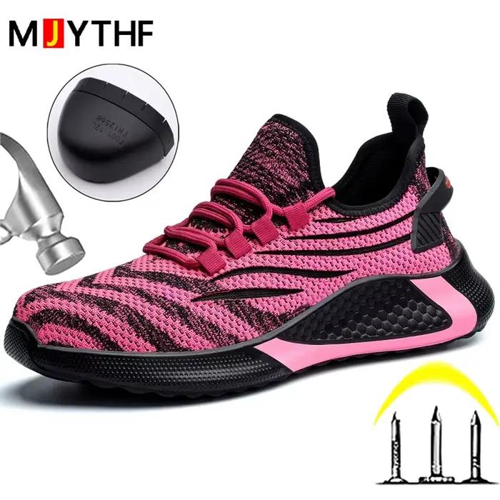 Chaussures de sécurité pour femmes, couleur rouge Rose, anti-écrasement, anti-perforation, chaussures indestructibles, baskets de travail, chaussures à bout en acier, grande taille 35-44