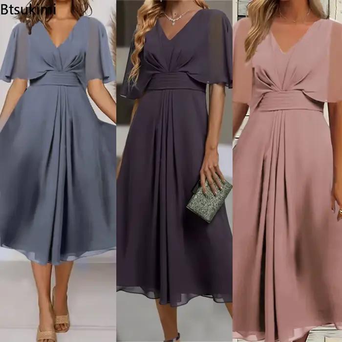 Robe de soirée longue et élégante pour femmes, grande taille, ligne A, col en V, volants, en mousseline de soie, Robe de mariée formelle, éblouissante, 2026