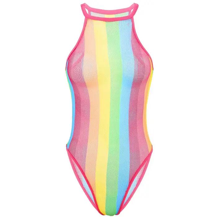 Maillot de bain en résille à rayures arc-en-ciel, emballage écologique