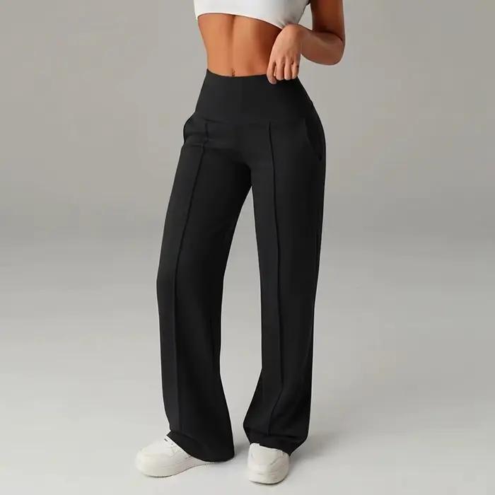Pantalons de yoga taille haute pour femmes, pantalons de sport amples à jambes larges avec poches, adaptés à la course à pied et aux exercices en plein air