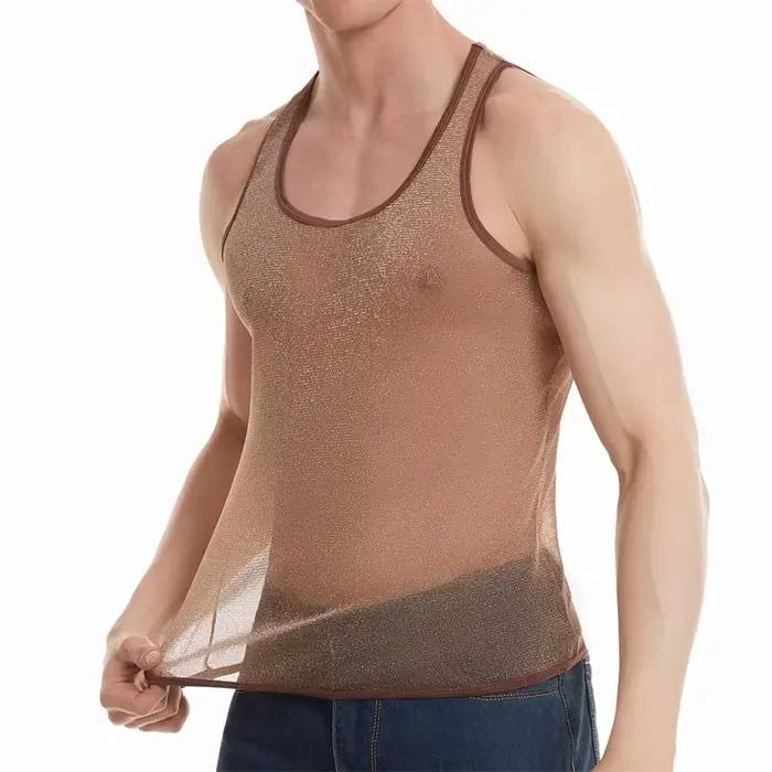 Maillot de corps transparent brillant pour homme, maillot de corps moulant, maillot de sport respirant, maillot de fitness