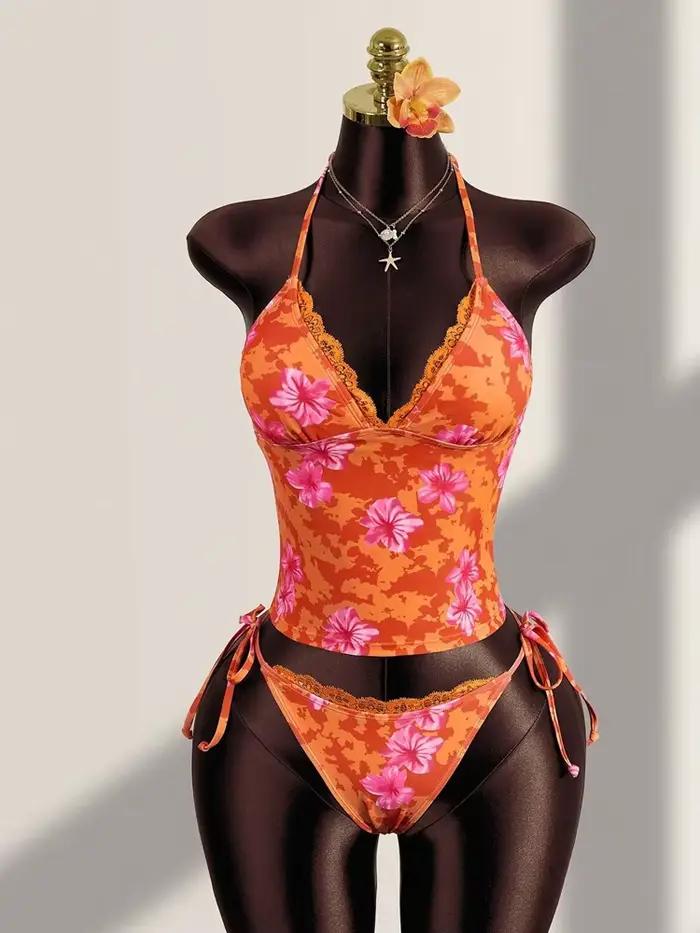 Été Orange Floral Imprimé Tankini Ensemble pour les Femmes