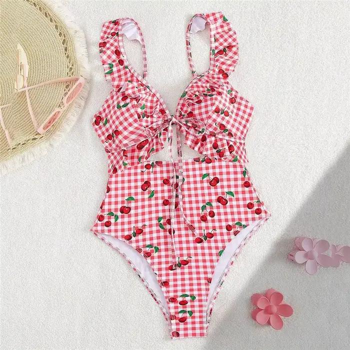 Doux rose cerise Plaid maillot de bain imprimé à volants une pièce Sexy maillot de bain femme 2026 évider Monokini natation maillot de bain costume