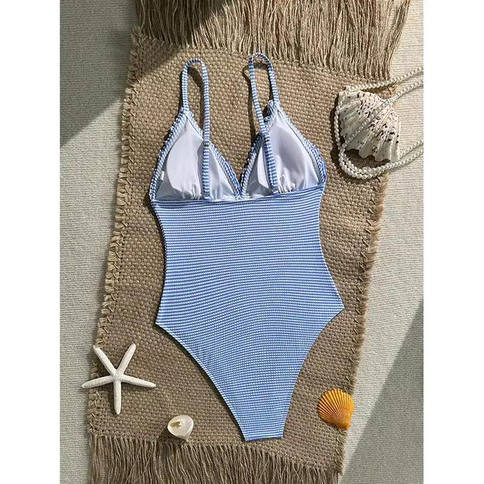 Vintage bleu ciel rayé une pièce maillot de bain 2026 femmes licou col en V mince ventre contrôle maillots
