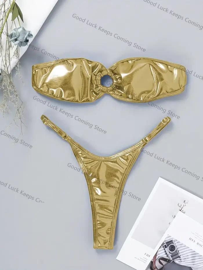 Sexy Bandeau Bikini 2025 femmes or noir anneau en métal lié évider Push Up Micro maillot de bain brillant