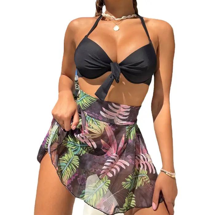 Cikini-Ensemble de bikinis push-up à imprimé tropical pour femme, maillot de bain avec jupe de plage, maillots de bain sexy, maillot de bain d'été