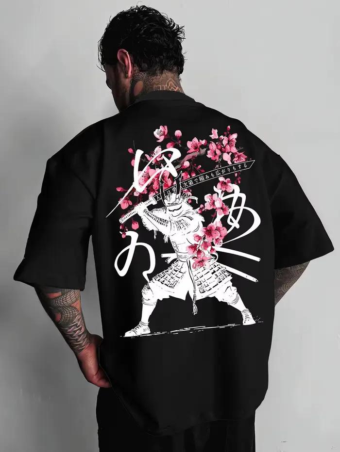 T-shirt imprimé couteau de samouraï japonais à fleurs de cerisier pour homme, décontracté, à manches courtes, idéal pour un usage quotidien, excellent cadeau pour homme
