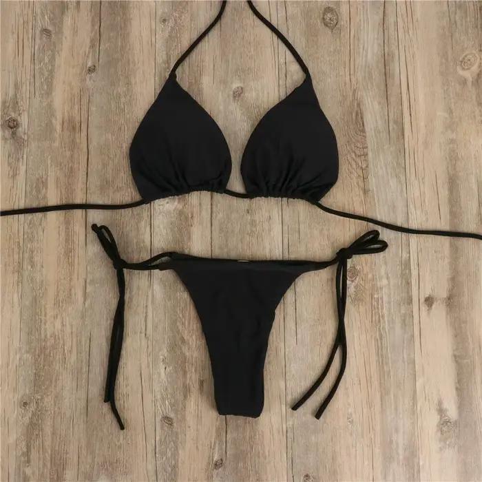 Maillot de bain rose Bikini femmes couleur unie Sexy jambe haute string maillots
