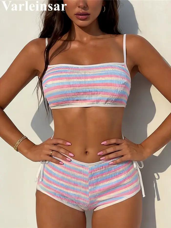 Maillot de bain bikini rayé taille mi-haute pour femme 2026