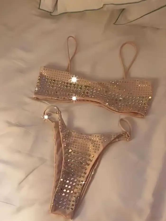 Luxe noir Bikini 2026 femmes Sexy diamant strass Push Up Mini maillot de bain brésilien plage