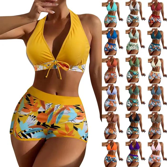 Femmes lambrissé imprimé maillot de bain dames mode Sexy fendu Boxer taille haute
