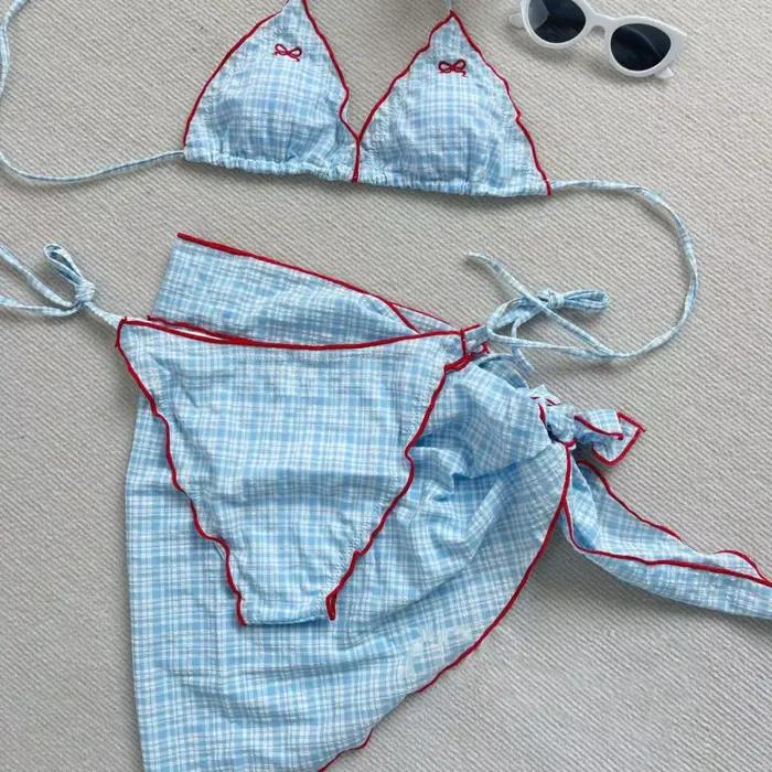 Maillot de bain décontracté à nœud papillon et motif quadrillé, sans manches, plissé, à lacets, bikini, coupe ajustée, décolleté plongeant, ensemble de trois pièces pour les vacances.