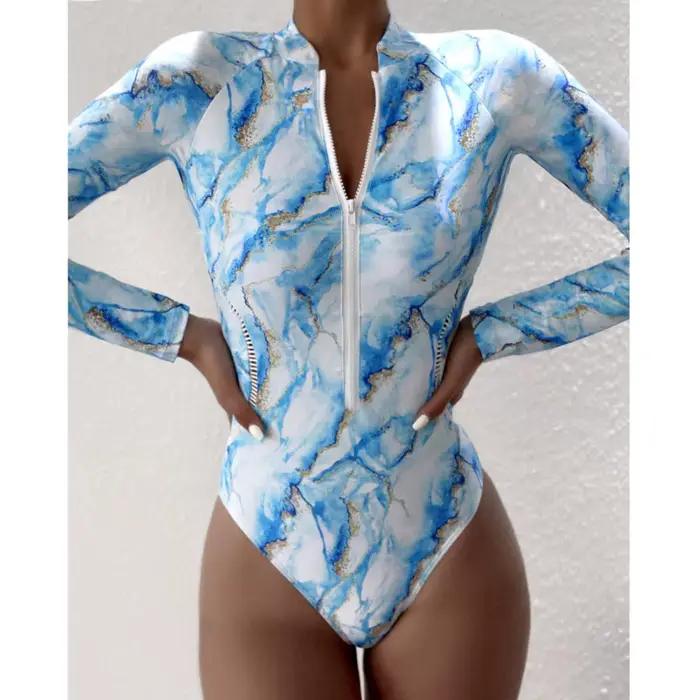 Été impression fermeture éclair une pièce maillot de bain fermé à manches longues maillots