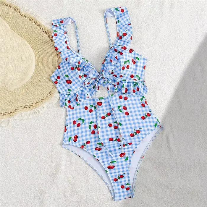 Doux rose cerise Plaid maillot de bain imprimé à volants une pièce Sexy maillot de bain femme 2026 évider Monokini natation maillot de bain costume