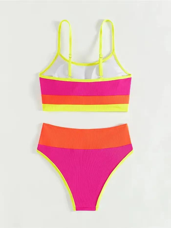 Ensemble bikini côtelé taille haute pour femme – Maillot de bain deux pièces coupe