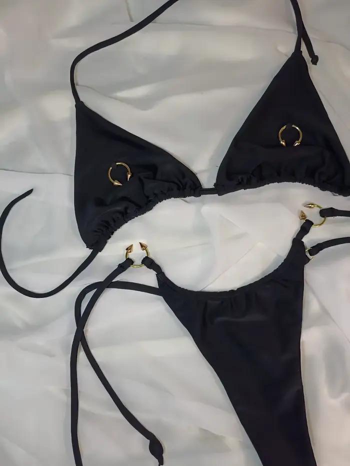 Sexy noir Bikini 2026 femmes métal cercle ornement Push Up cravate côté string maillot de bain brésilien plage