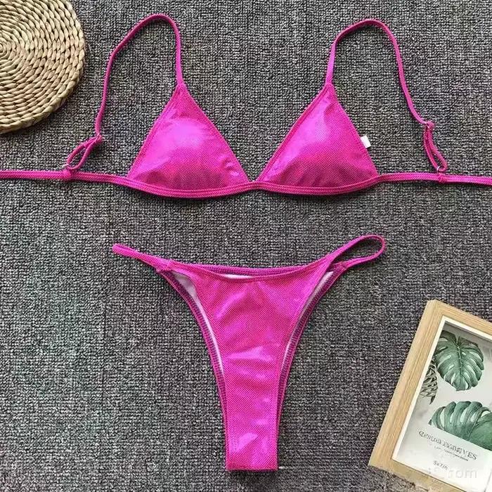 Maillot de bain sexy pour femme 2026 – Ensemble bikini rose scintillant taille basse avec string et décolleté plongeant
