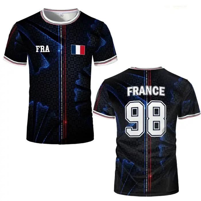 Maillot de football imprimé drapeau français, t-shirt d'été unisexe décontracté à manches courtes, pour l'entraînement sportif, respirant et à séchage rapide