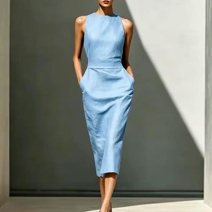 Robe longue fourreau bohème d'été sans manches taille haute pour femme, col rond, élégante, unie avec poches, idéale pour le bureau, le travail ou les soirées décontractées