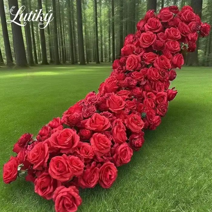 Rose Rose fleur artificielle rangée Long coureur rouge blanc Rose mariage toile de fond décor Arrangement Floral accessoires Table pièce maîtresse