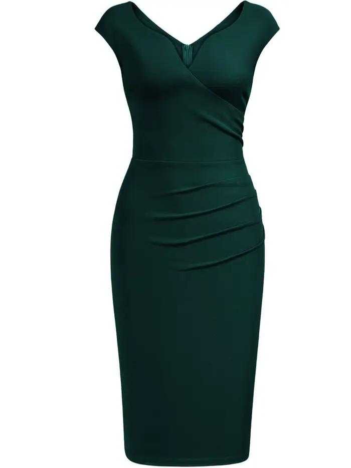 Robe fourreau élégante pour femme, à manches courtes, col en V, froncée, longueur genou, pour cocktail, soirée ou tenue habillée