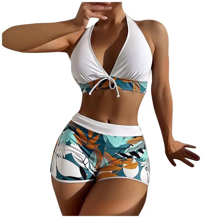 Femmes lambrissé imprimé maillot de bain dames mode Sexy fendu Boxer taille haute