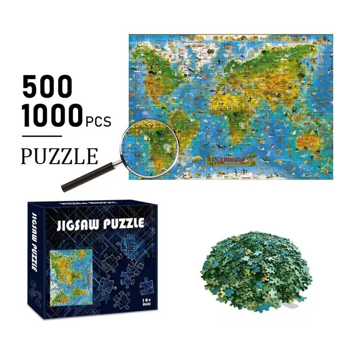 Puzzle carte du monde 500/1000 pièces | Grand puzzle stimulant pour adultes et familles, comprend réflexion des puzzles et la cognition