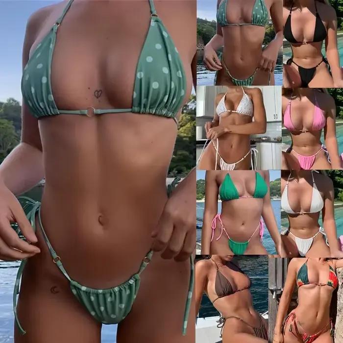 Été Sexy solide micro Bikini ensembles femmes cravate côté string