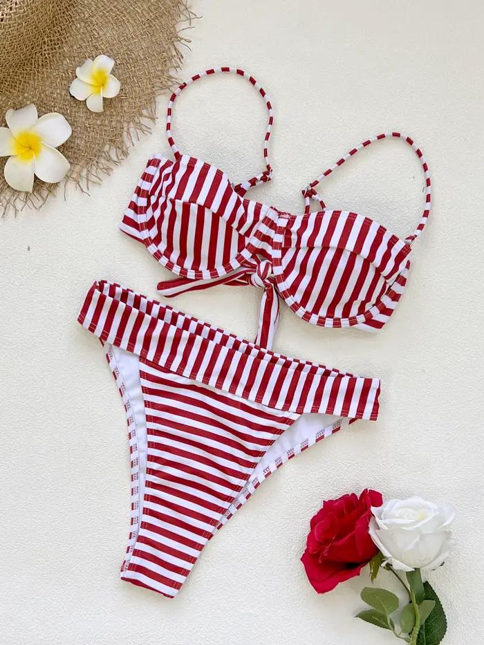 Ensemble bikini rayé rouge et blanc sexy 2026 – Rayures verticales classiques