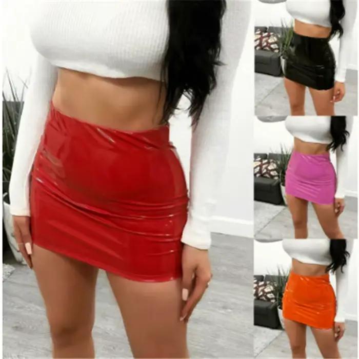 Taille haute gaine jupes femmes solide Pu cuir paquet hanche jupe femme moulante solide noir court Sexy crayon Mini jupe dames