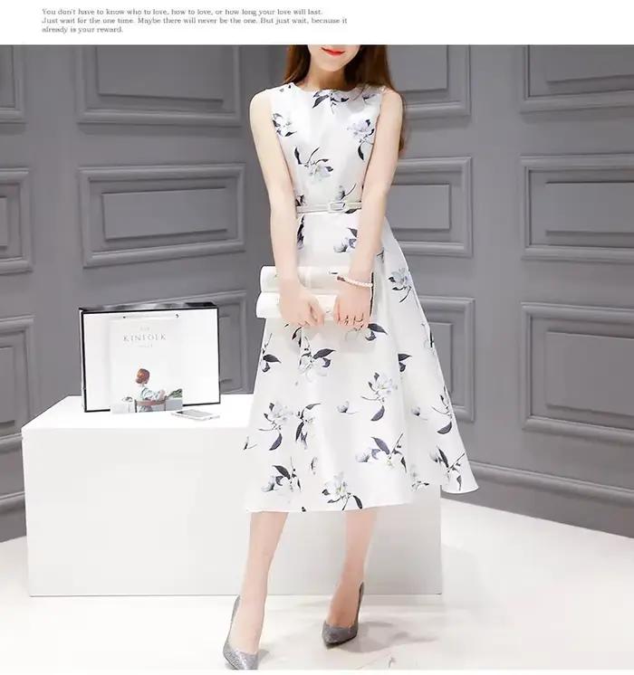 Robe trapèze amincissante pour femmes, longueur moyenne, sans manches, imprimée, ajustée à la taille