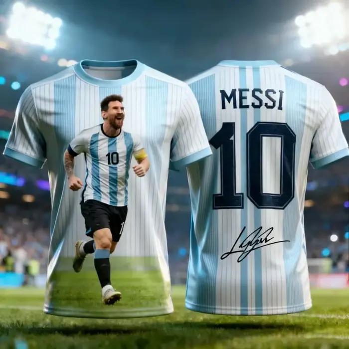 Maillot de football rayé signature Messi N°10 Argentine, imprimé 3D intégral, respirant, streetwear hip-hop, t-shirt décontracté unisexe